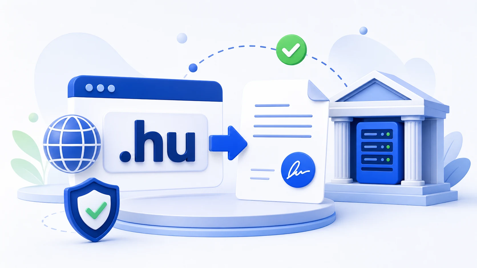 .hu domain átruházását bemutató illusztráció regisztrátorral, dokumentummal és elektronikus aláírással